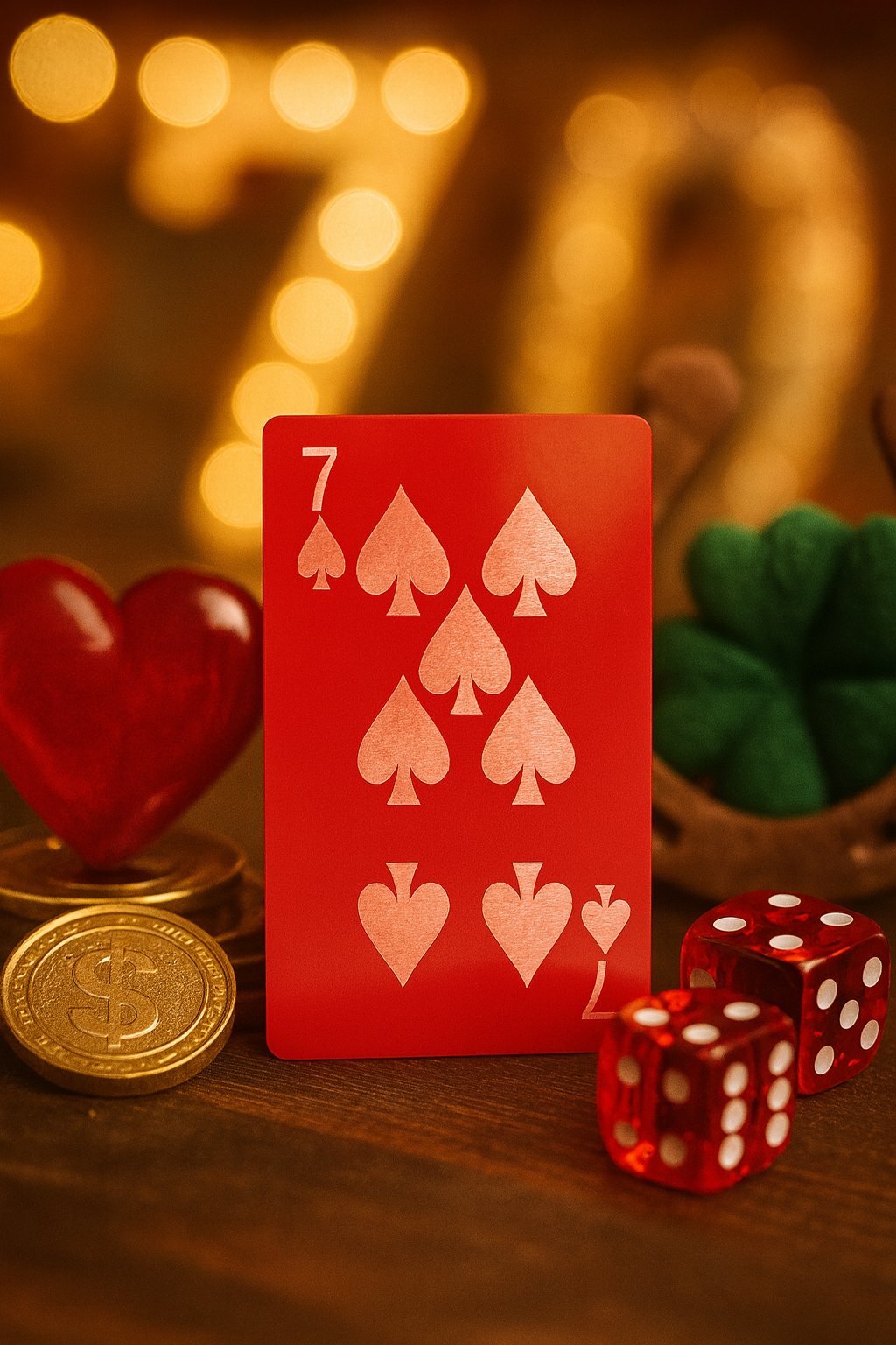 Red and silver metal playing card with Seven of Spades laser engraved in anodized aluminum on a gaming casino table background with dice, and coins