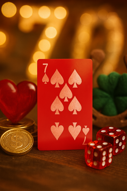 Red and silver metal playing card with Seven of Spades laser engraved in anodized aluminum on a gaming casino table background with dice, and coins