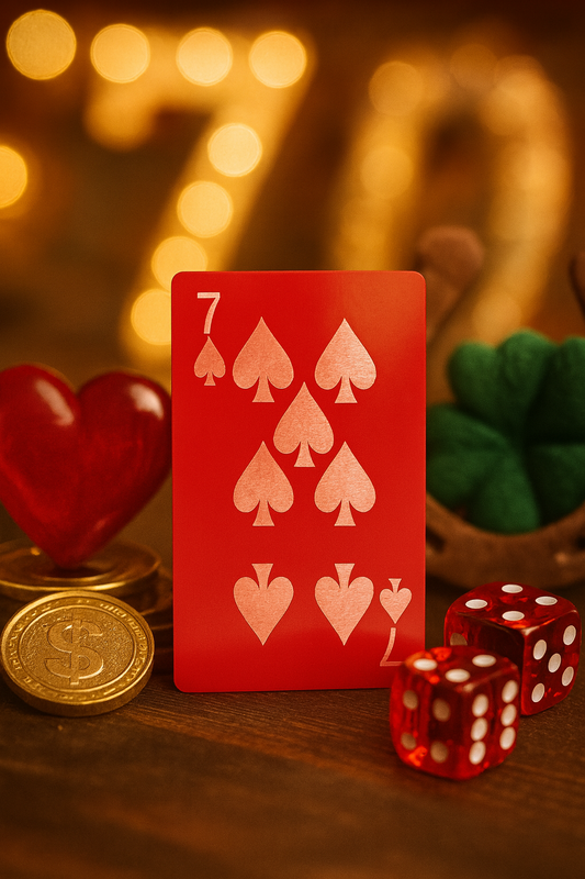 Red and silver metal playing card with Seven of Spades laser engraved in anodized aluminum on a gaming casino table background with dice, and coins