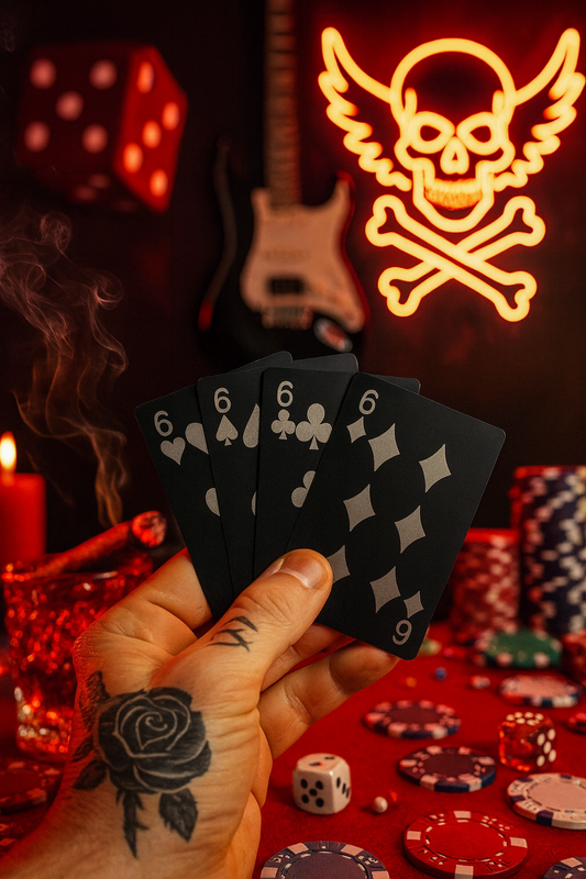 Hand holding four metal playing cards with a six of hearts, six of spades, 6 of clubs and 6 of diamonds designs laser engraved with a neon skull and crossbones sign in the background.