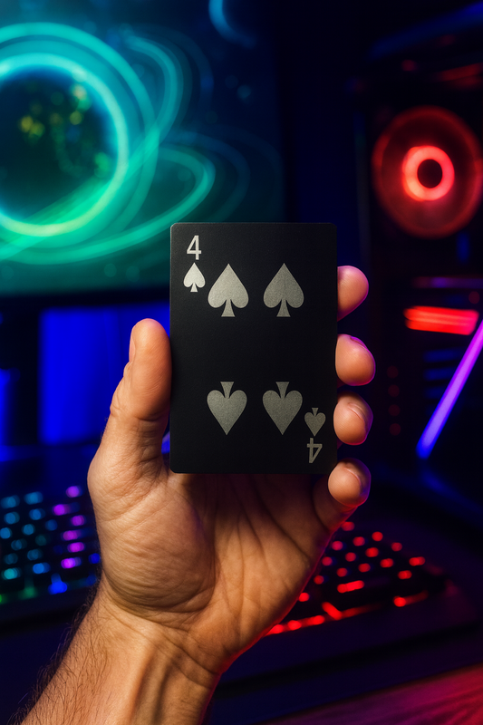 Hand holding a card with four spades design laser engraved in matte black anodized aluminum, in front of a colorful gaming rig