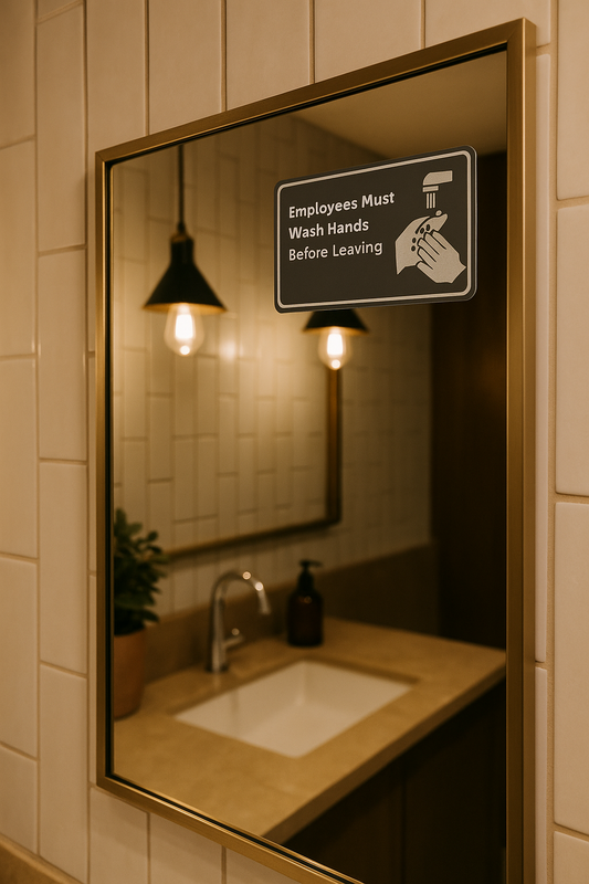 Bathroom mirror with a sign reminding employees to wash hands before leaving, set against a tiled wall.