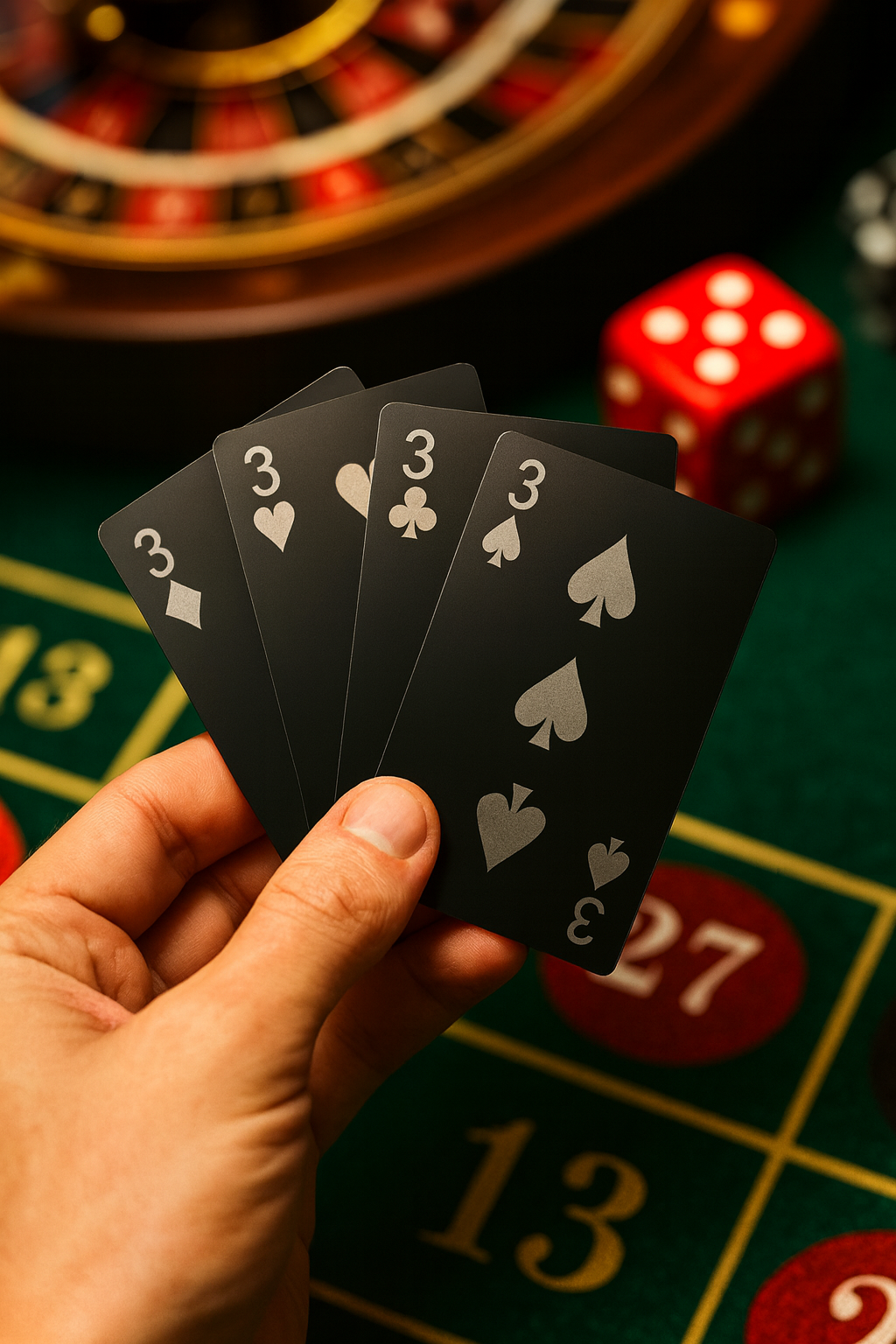 Hand holding four black/silver metal playing cards with three of a kind in front of a roulette wheel.