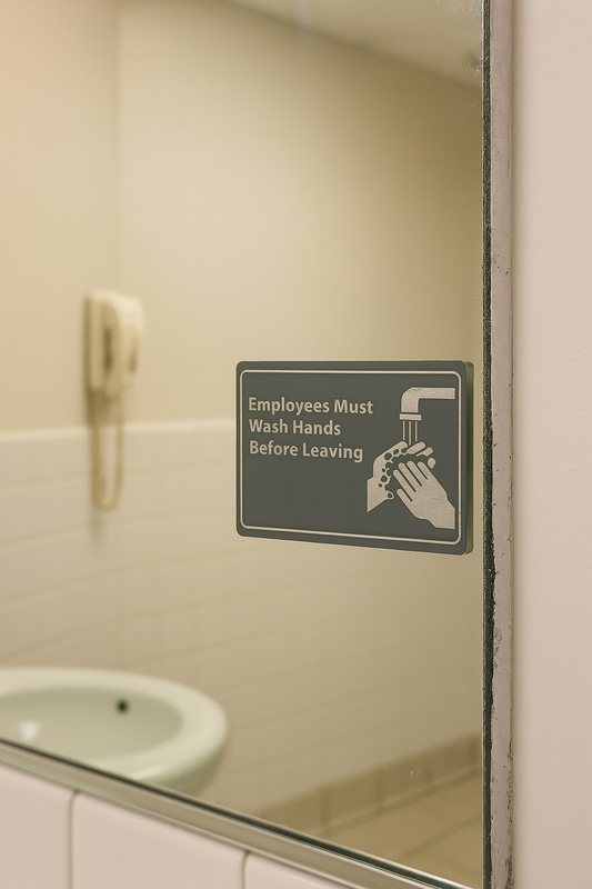 Handwashing sign on a mirror in a bathroom setting