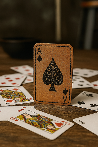 Leather ace of spades heat transfer patch on game table and blurred backgorund