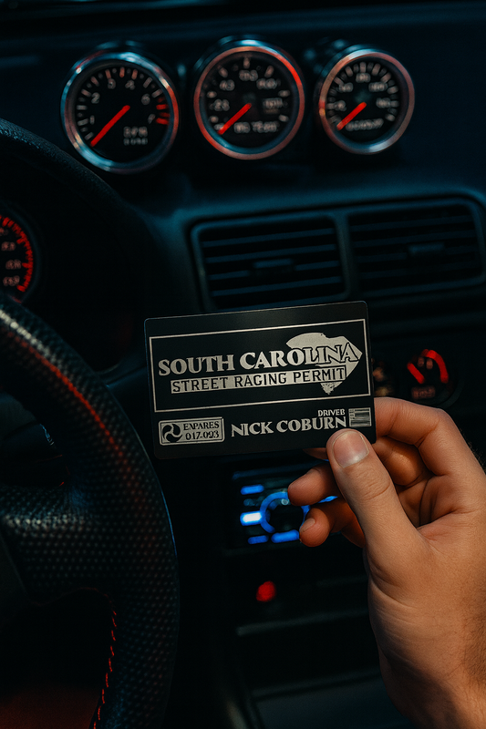 Hand holding a 'South Carolina Street Racing Permit' card in front of a car dashboard with gauges.