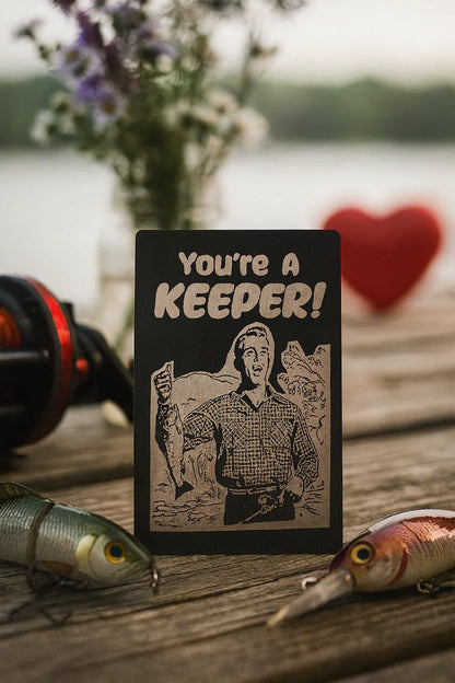 Card with 'You're a Keeper!' text on a wooden surface with fishing equipment and flowers.