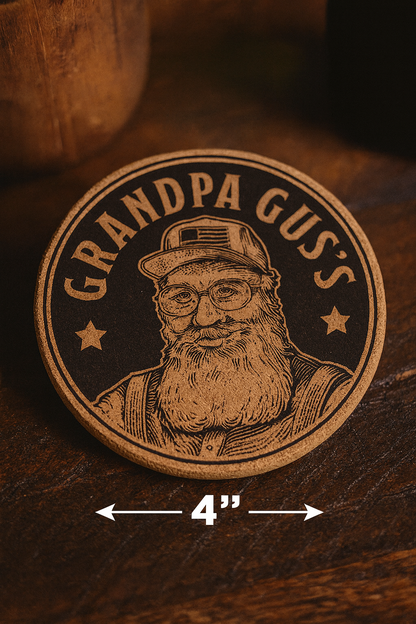 Circular logo engraved on personalized cork coaster, product size demonstration text on a wooden desk background 
