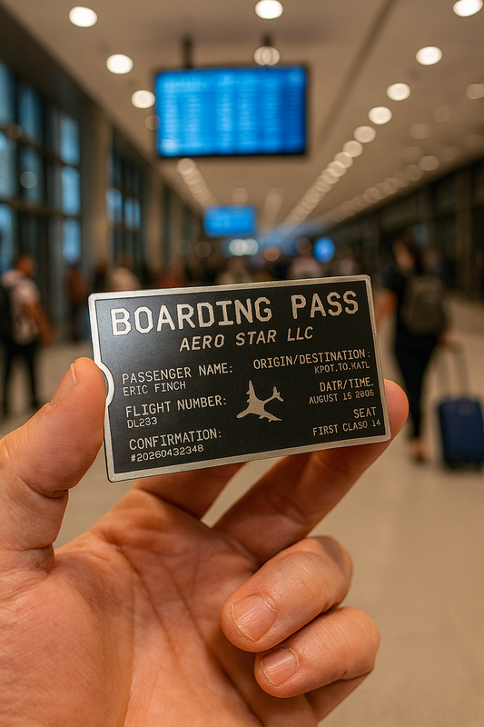 Hand holding a metal commemorative custom text boarding pass in an airport terminal.