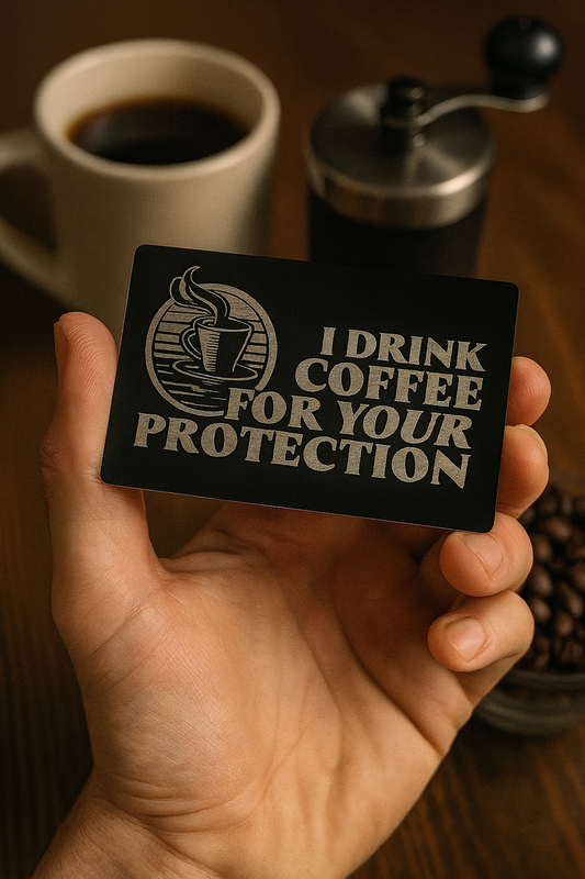 Hand holding a card with 'I Drink Coffee for Your Protection' text, surrounded by coffee items.