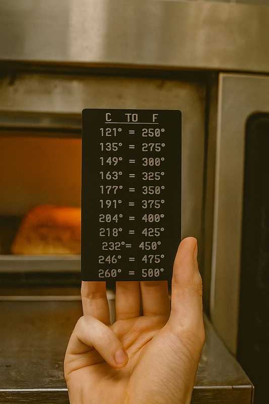 Hand holding a temperature conversion chart in front of an oven.