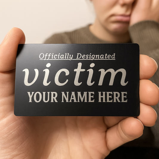Person holding a black card with 'Officially Designated Victim' text, blurred background