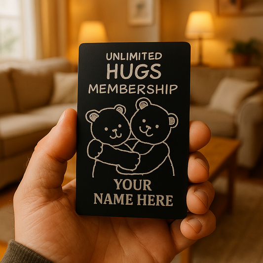 Hand holding a card with 'Unlimited Hugs Membership' design in a cozy living room.