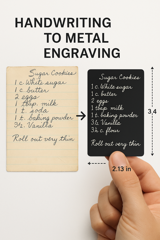 Comparison of handwritten recipe on paper and engraved metal, with a hand holding the metal engraving with sizing specifications.