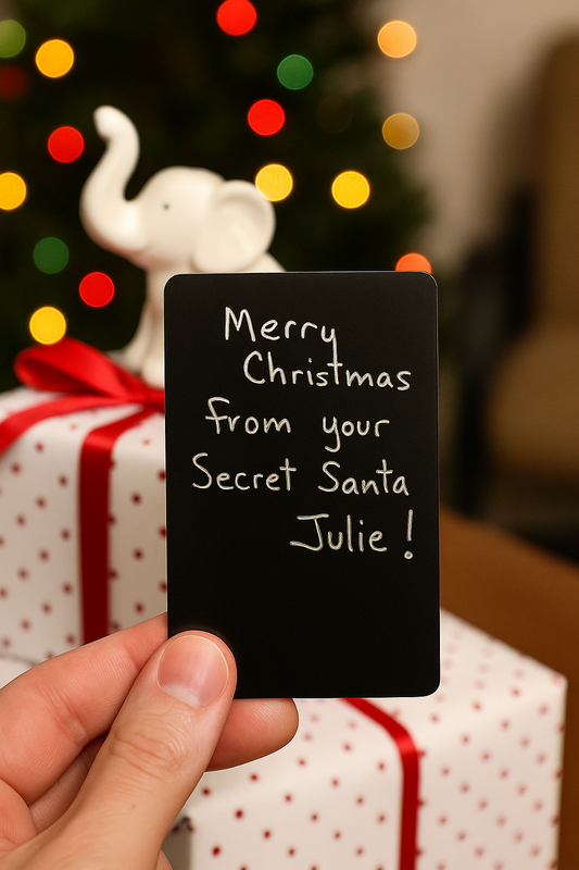 Hand holding a black metal personalized handwriting engraving gift card with 'Merry Christmas from your Secret Santa Julie!' text in front of a wrapped presents with colorful lights in the background.