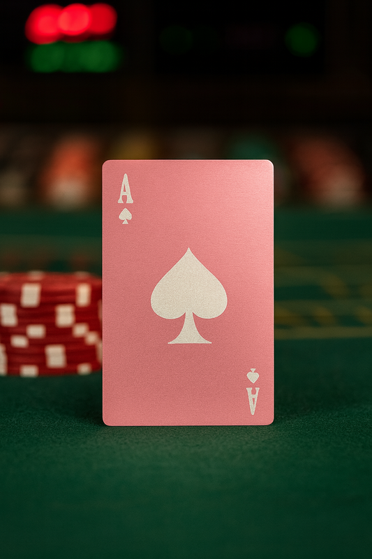 Rose gold metal playing card with ace of spades on a green felt table with poker chips in the background