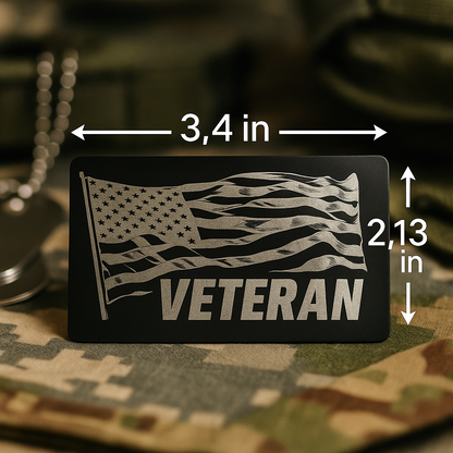 Dimensions for Black rectangular pendant with American flag and 'VETERAN' text on a camouflage background