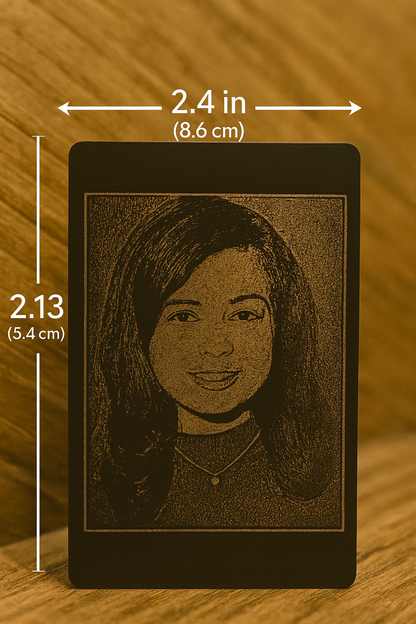 Metal engraving of a portrait of a woman with dimensions labeled on a wooden background
