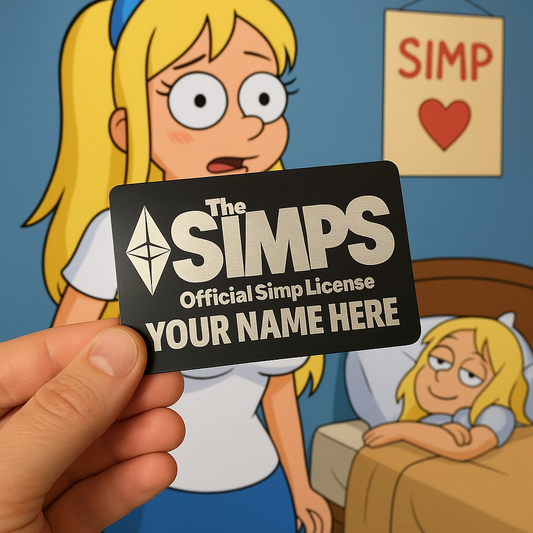 Metal Sarcastic Gift Card with 'The SIMPS' branding held in front of an animated character background