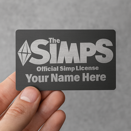 Card with 'The SIMPS' logo and text held by a hand against a gray background