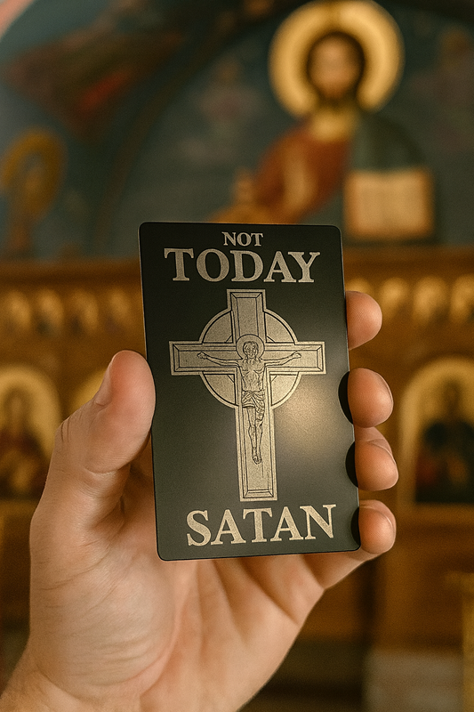 Hand holding a metal keepsake with 'Not Today Satan' text and cross design against a blurred religious background
