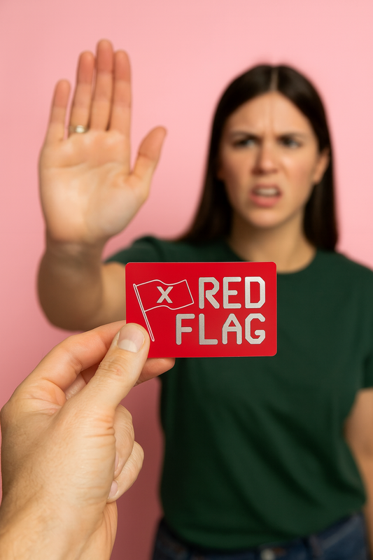 Metal red flag card with 'X' and 'Red Flag' text, in front of a toxic woman with an angry expression