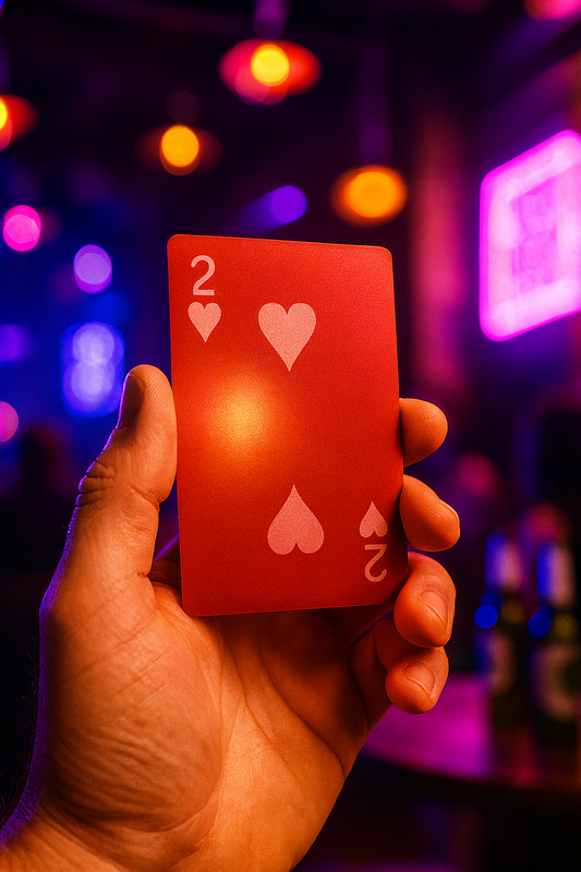 Hand holding a laser engraved red and silver metal playing card with Two of Hearts design in a gaming club setting
