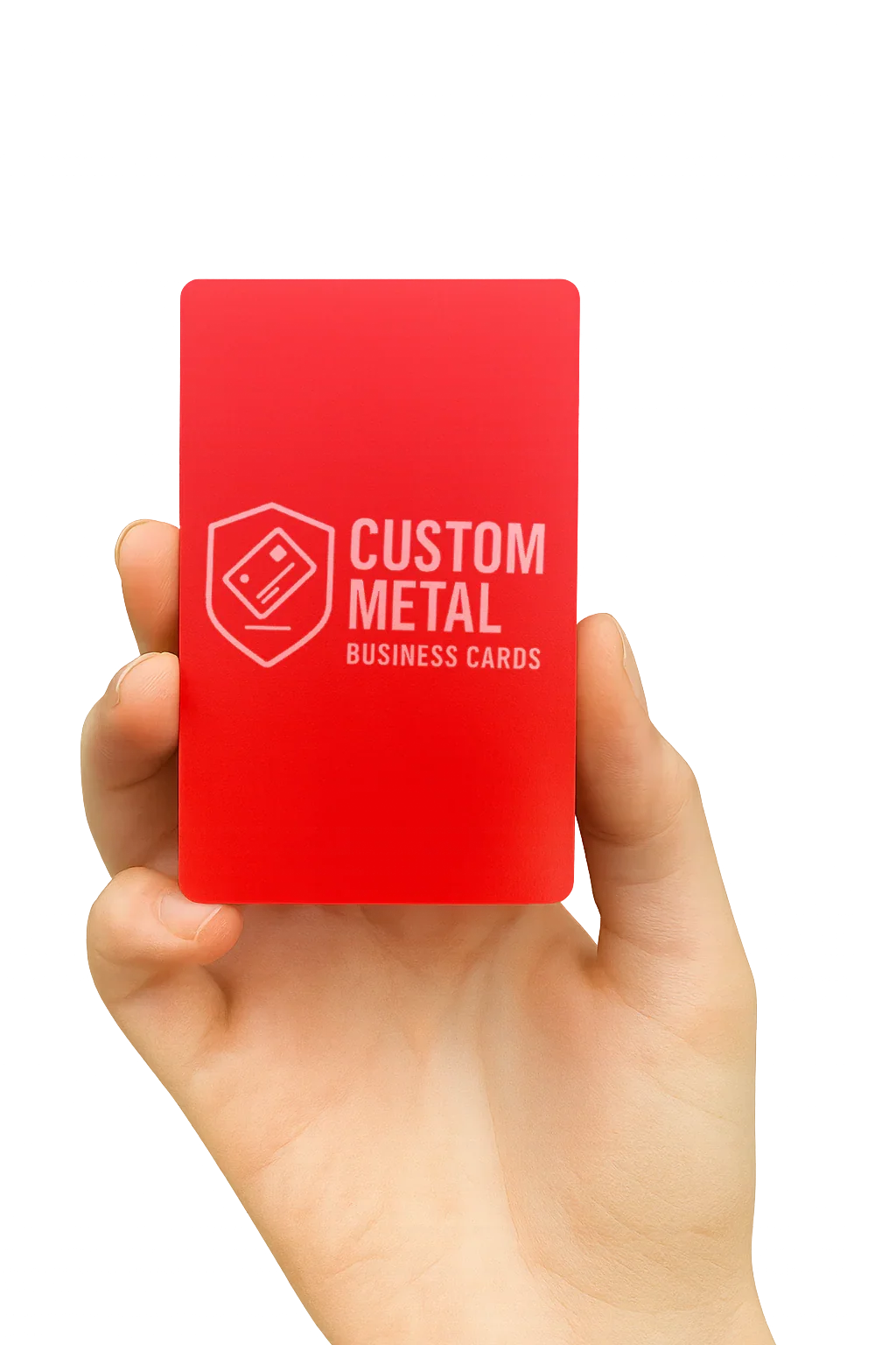 Hand holding a red card with 'Custom Metal Business Cards' text on a white background