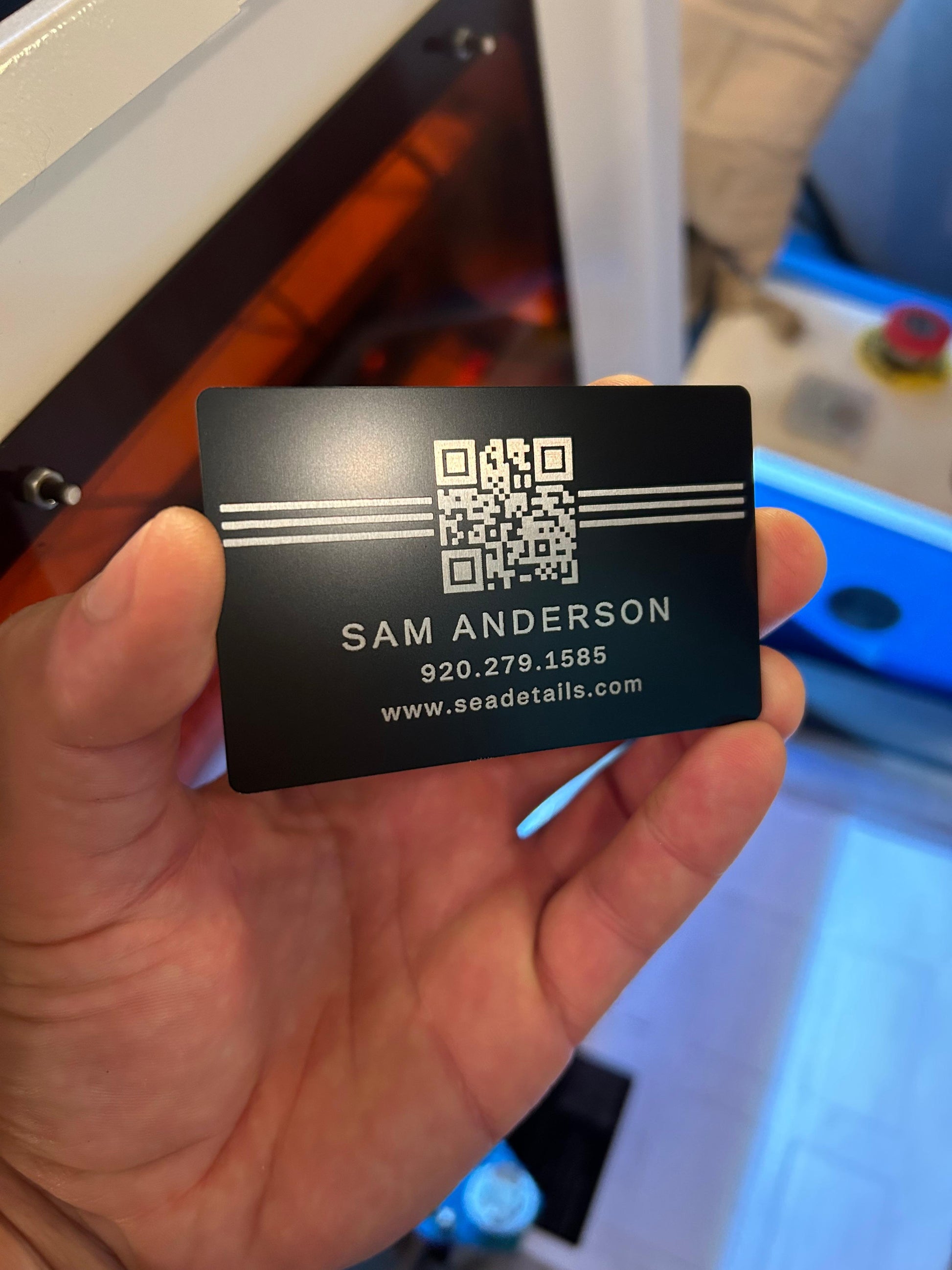 Laser engraved metal QR Code card, scannable business card with contact information in black/silver