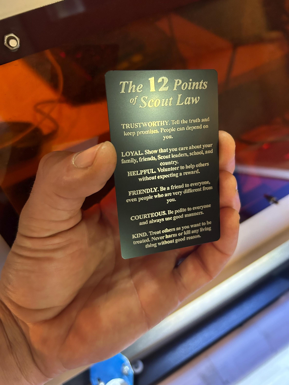 Metal keepsake card with The 12 Points of Scout Law engraving