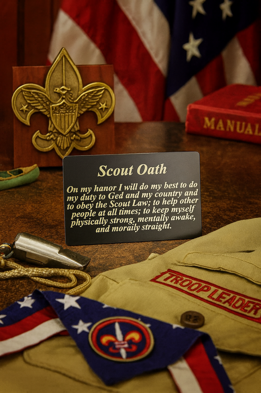Metal Scout Oath card with Boy Scout uniform, flag, and emblem on a wooden surface