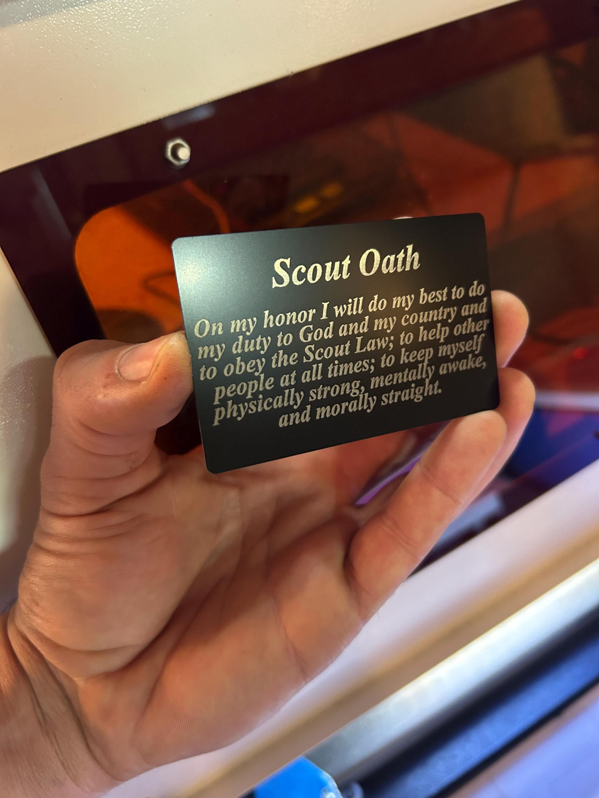 Metal Scout Oath card laser engraving for memorization