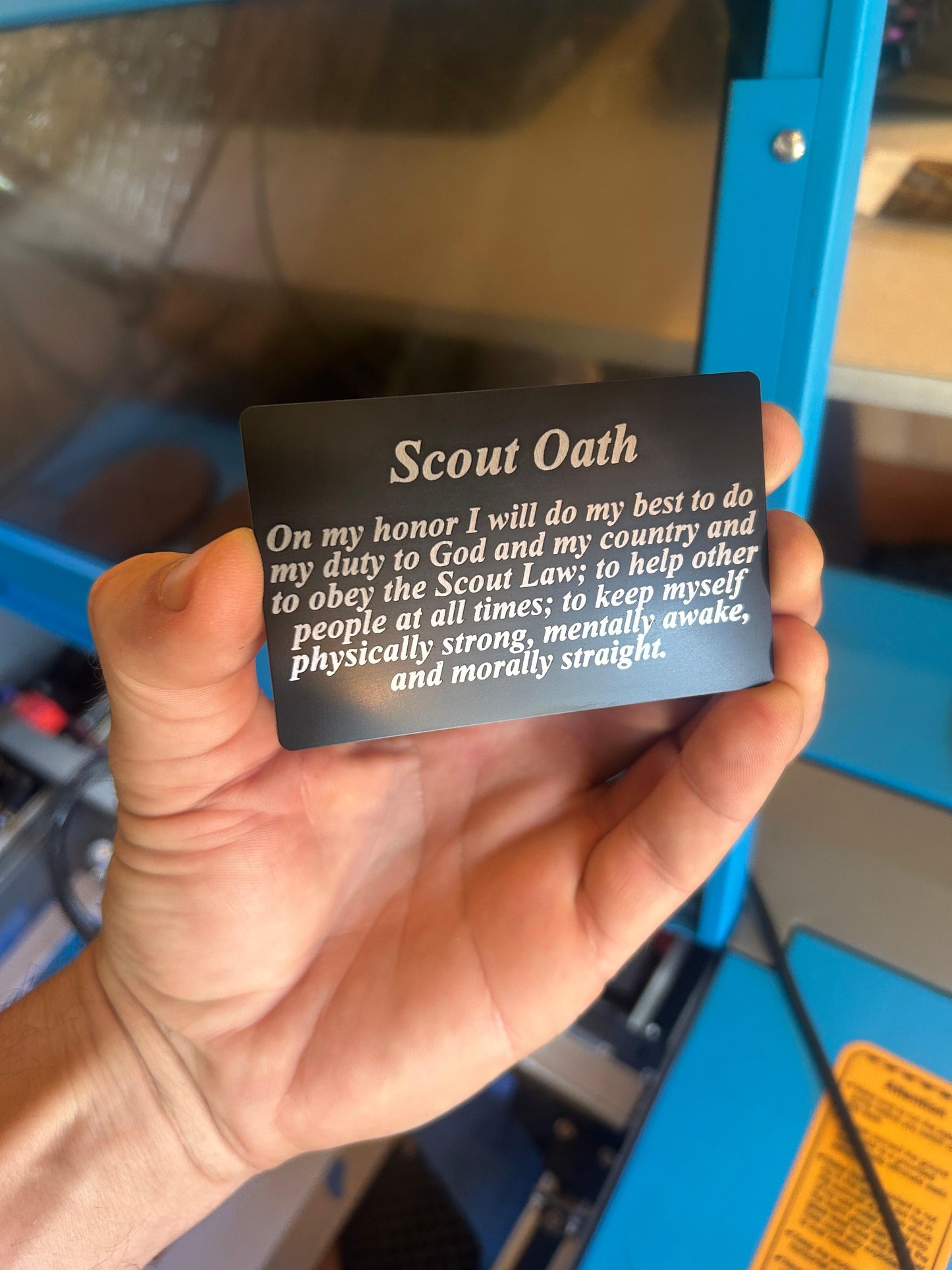 Metal scout oath memorization placard with On My Honor text engraved in black/silver