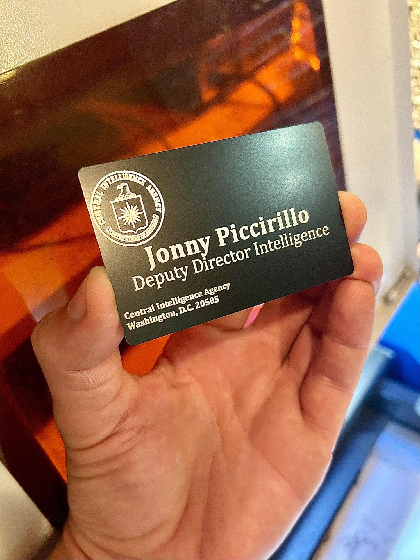 Laser engraved metal CIA deputy director of intelligence cosplay ID card with personalized name