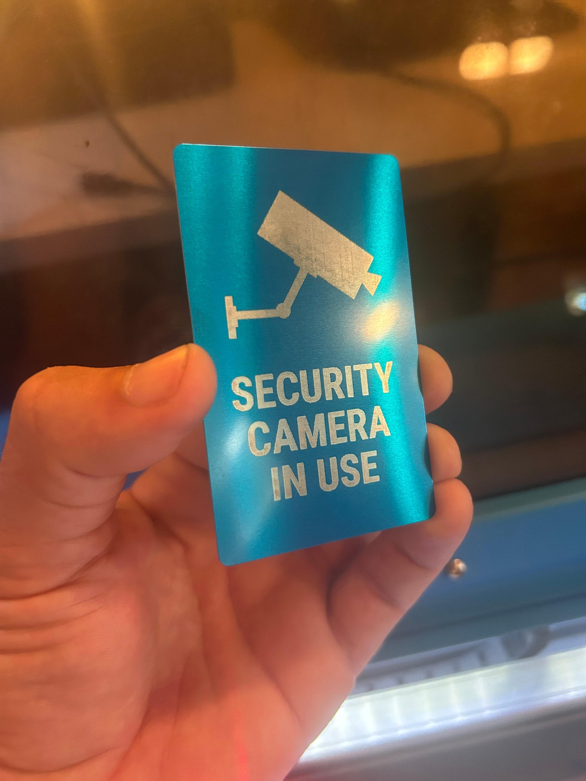 Laser engraved blue/silver metal Security Cameras notice mini signage