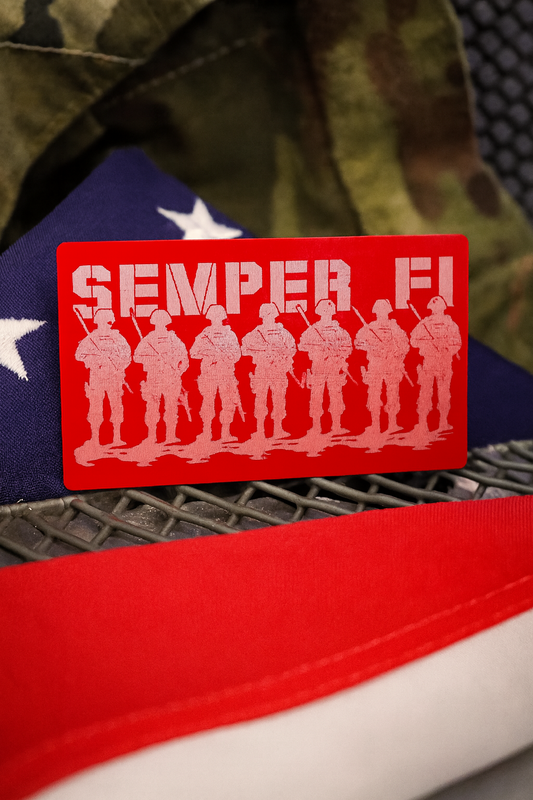Red 'Semper Fi' laser engraved gift card with soldiers on a flag background