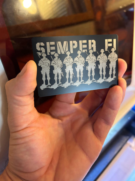 Laser engraved military artwork with Semper Fi artwork in black/silver anodized aluminum