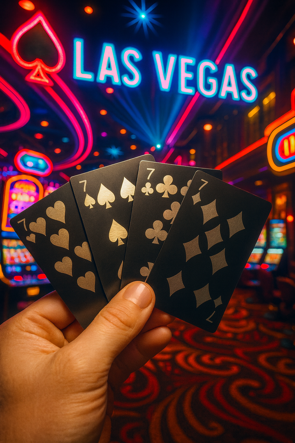 Metal good luck charm 7 of hearts, 7 of spades, seven of clubs, seven of diamonds laser engraved in matte black/silver anodized aluminum placards