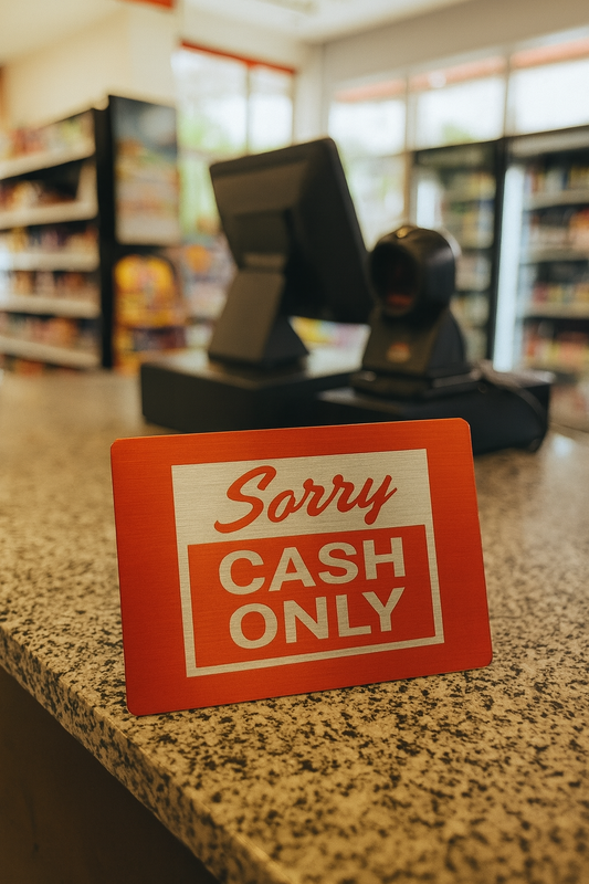 Red metal sign on a counter with 'Sorry, Cash Only' text in a store setting.