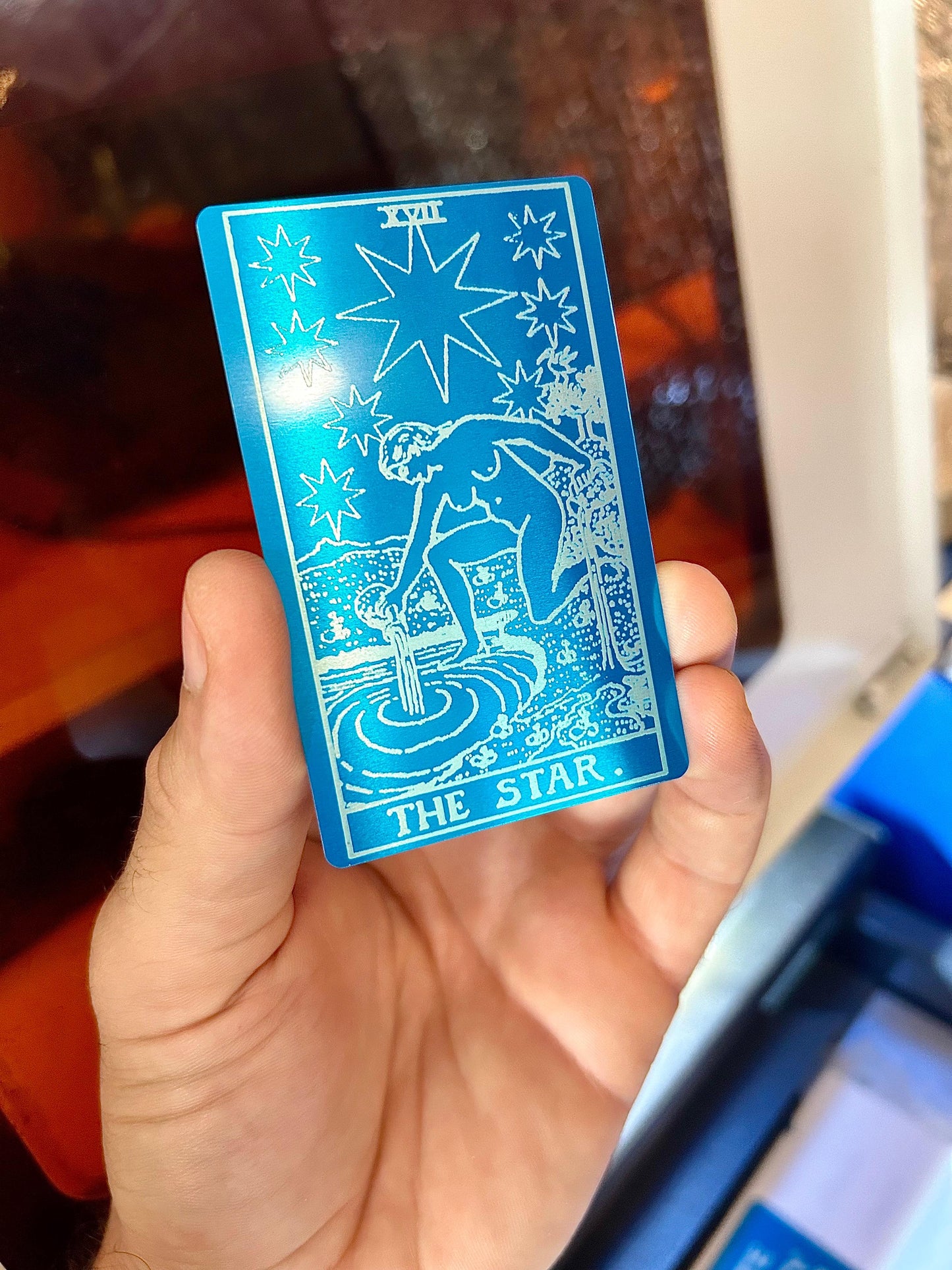 The Star metal tarot card laser engraved in blue/silver anodized aluminum
