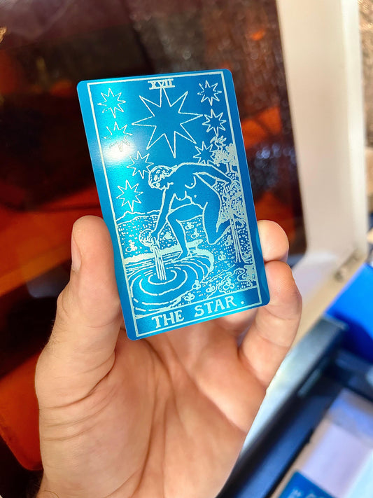 The Star metal tarot card laser engraved in blue/silver anodized aluminum