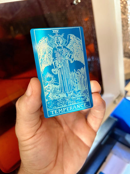 Metal Temperance tarot card, laser engraved metal keepsake card in blue/silver anodized aluminum