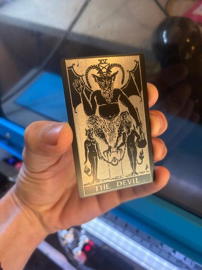 Laser engraved metal tarot card with "The Devil" design