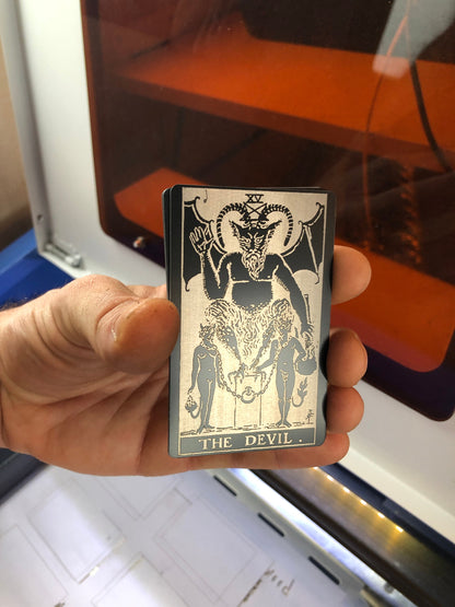 Metal "The Devil" tarot card in black/silver