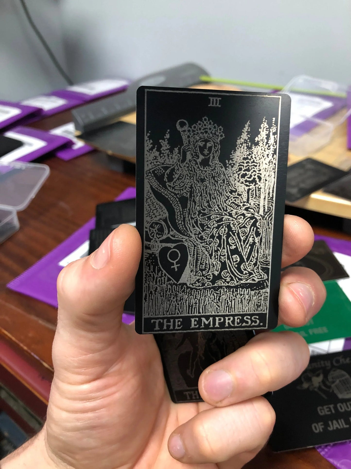 The Empress metal tarot card laser engraved in anodized aluminum