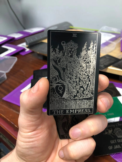 The Empress metal tarot card laser engraved in anodized aluminum