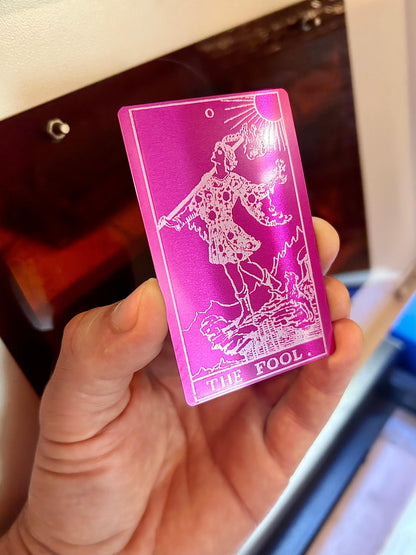 Laser engraved metal "The Fool" Tarot Card in purple/silver anodized aluminum
