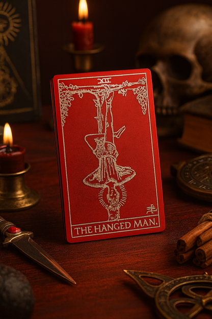 Red/silver metal tarot card titled 'The Hanged Man' on a dark wooden surface with candles and skull