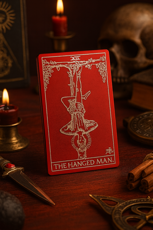 Red/silver metal tarot card titled 'The Hanged Man' on a dark wooden surface with candles and skull