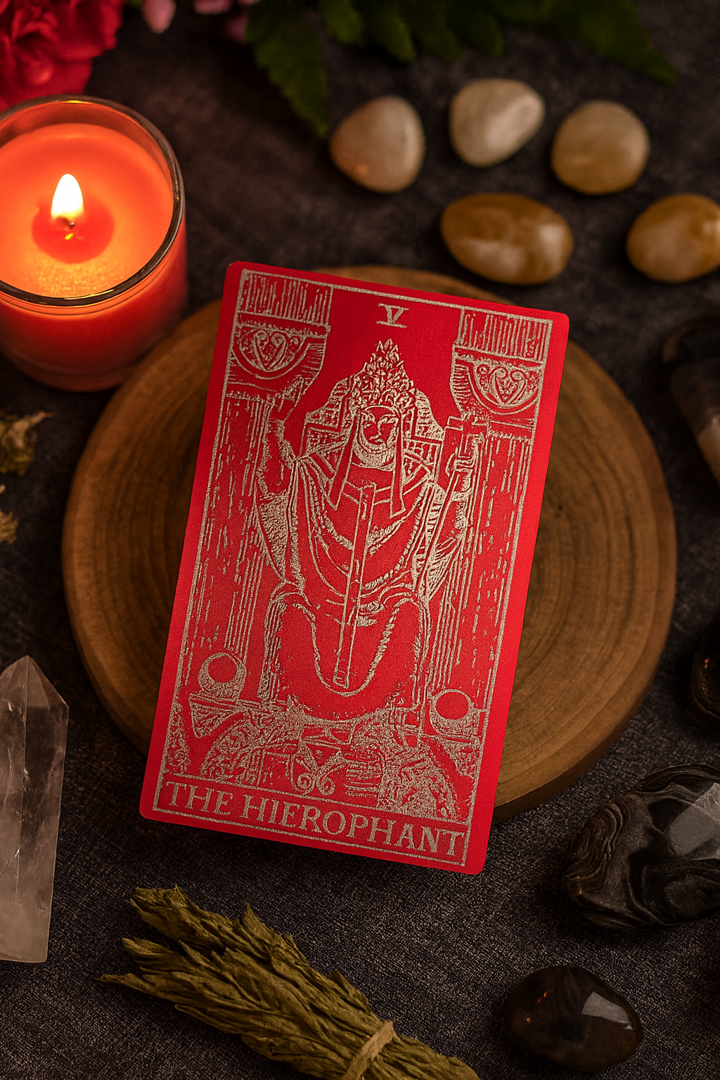 Red / silver metal tarot card titled 'The Hierophant' on a dark surface with a lit candle and stones.